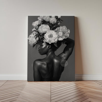 Black and White Black Woman Flower Art Print