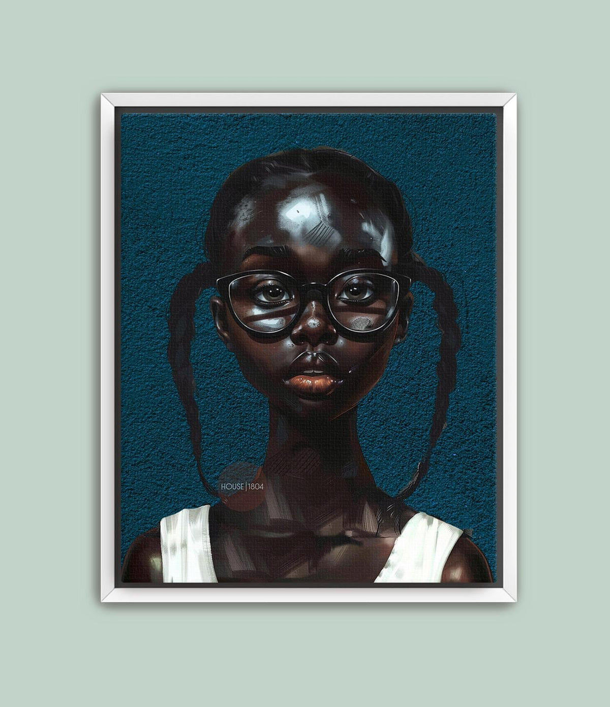 Black Girl Art Print, Little Black Girl Blues Portrait, Pigtails.