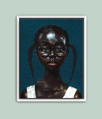Black Girl Art Print, Little Black Girl Blues Portrait, Pigtails.