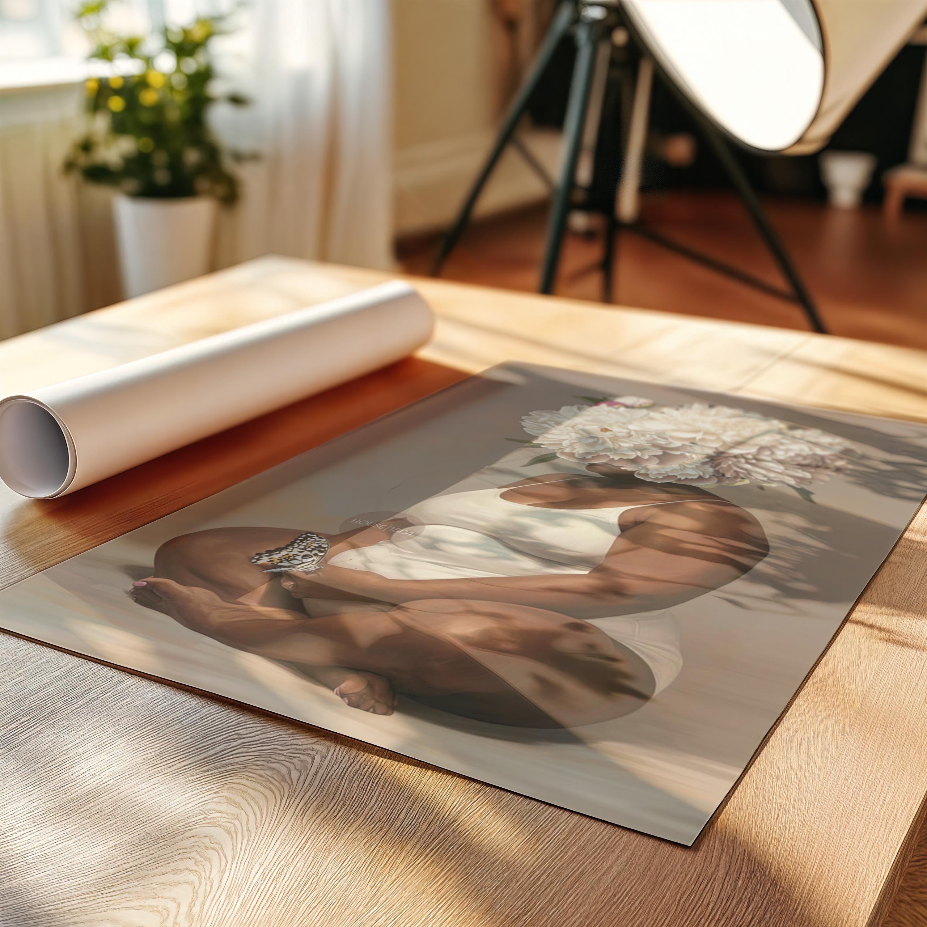 Curvy Black Woman Meditation Canvas: Flower Head Art, Positive Body Art Print