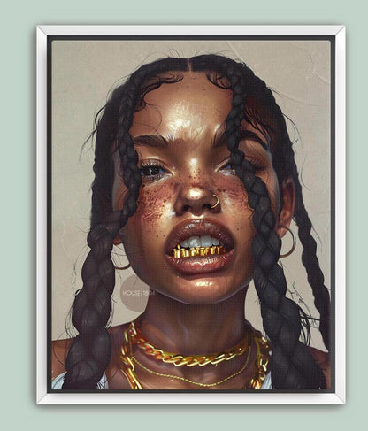 Black Girl Canvas Artwork: African American Grillz Art Print, Urban Boho Neutral Decor