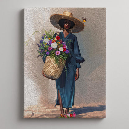 Black Woman Floral Canvas Art, Tropical Botanical Woman Portrait, Plant Lady with Flowers Canvas Art