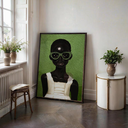 Black Girl Portrait Abstract Art: Green Bohemian Print, Urban Home Canvas