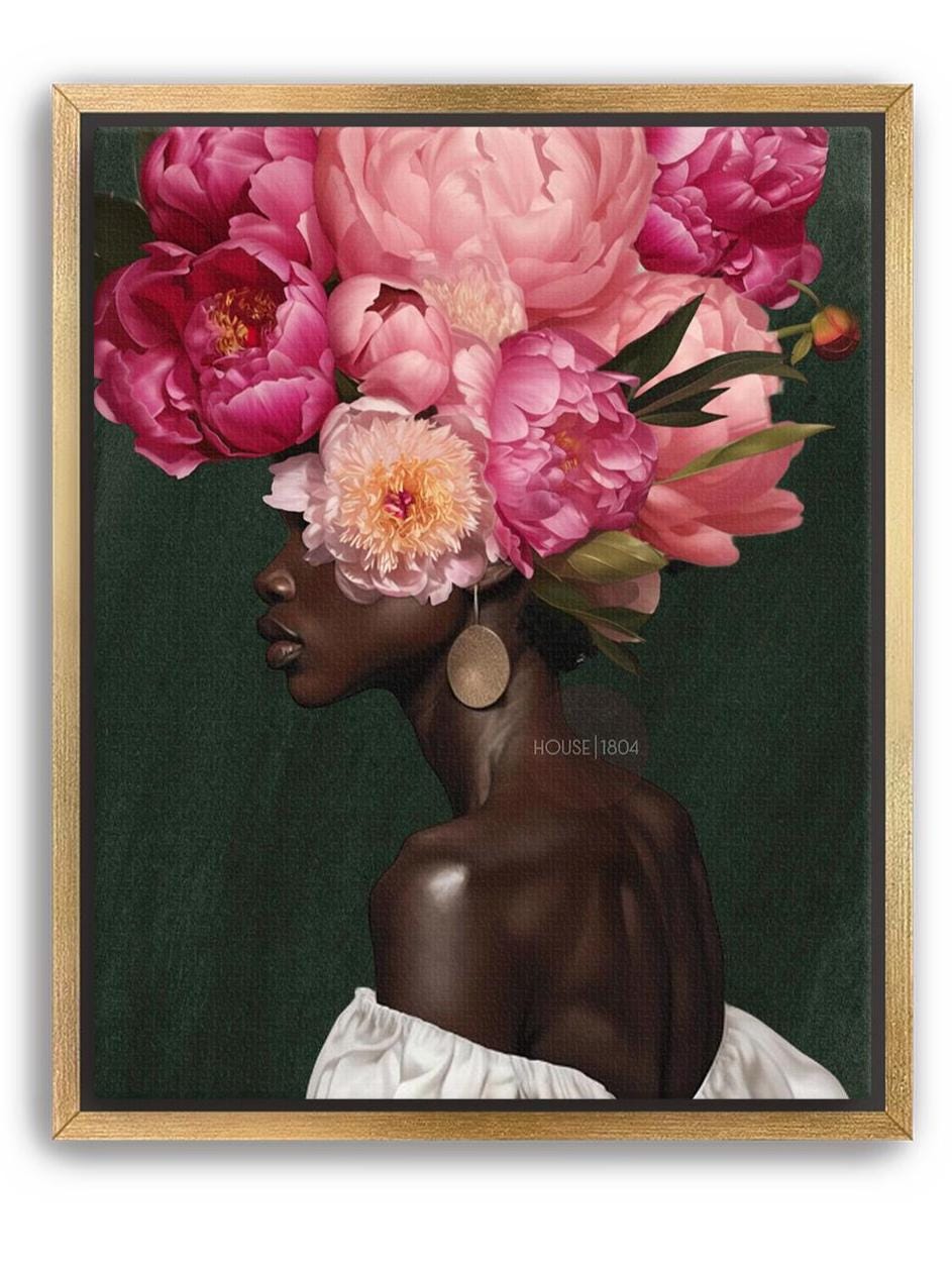 Pink Floral Crown Black Woman Canvas Print, Boho Chic Wall Art