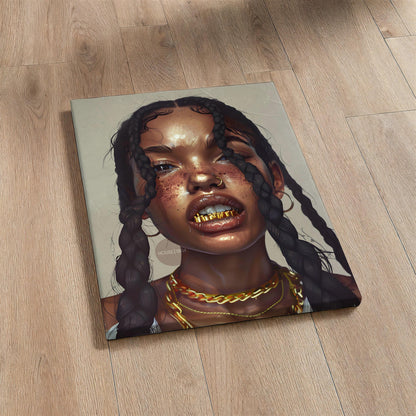 Black Girl Canvas Artwork: African American Grillz Art Print, Urban Boho Neutral Decor