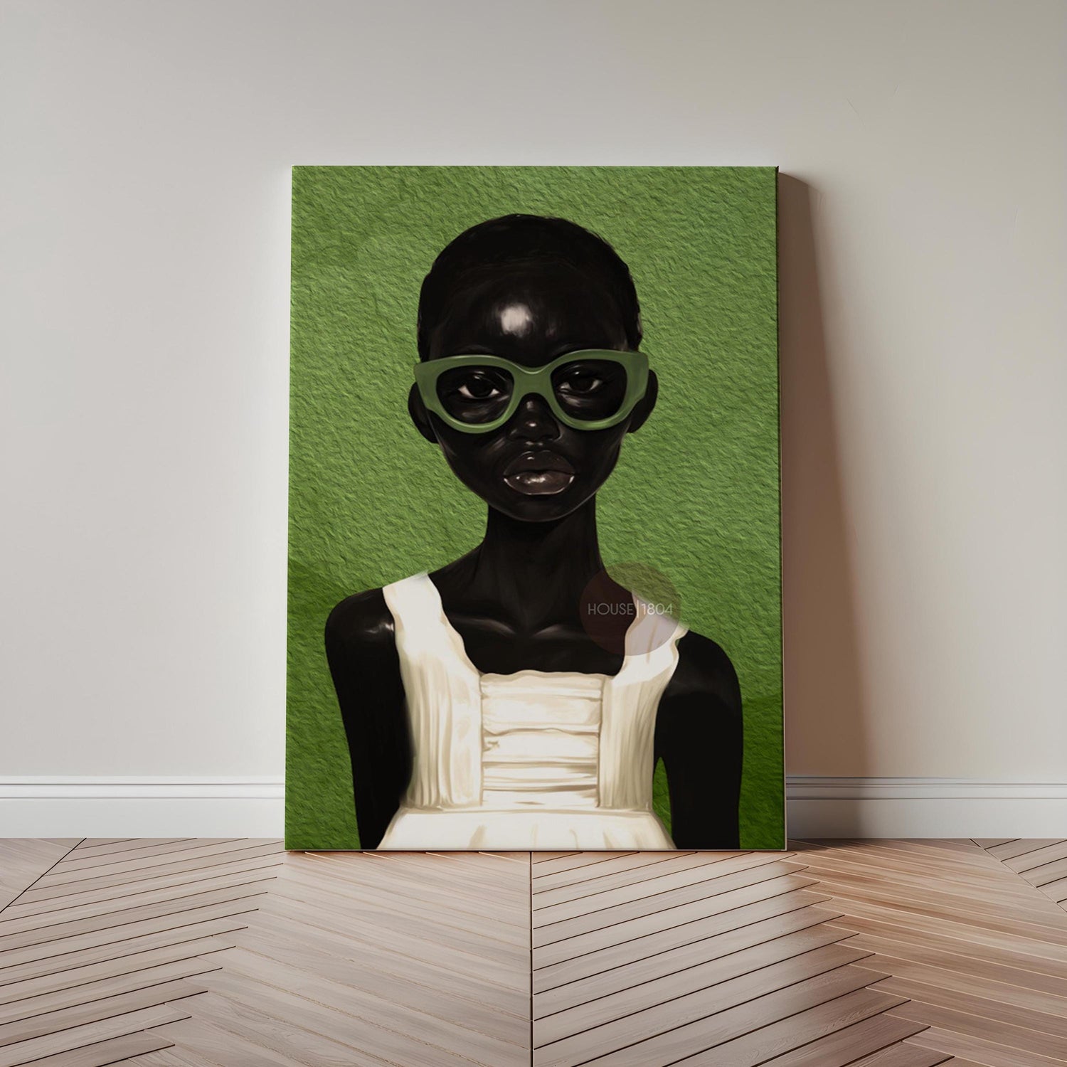 Black Girl Portrait Abstract Art: Green Bohemian Print, Urban Home Canvas