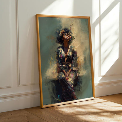 Bohemian Black Woman Art: Watercolor Canvas Portrait