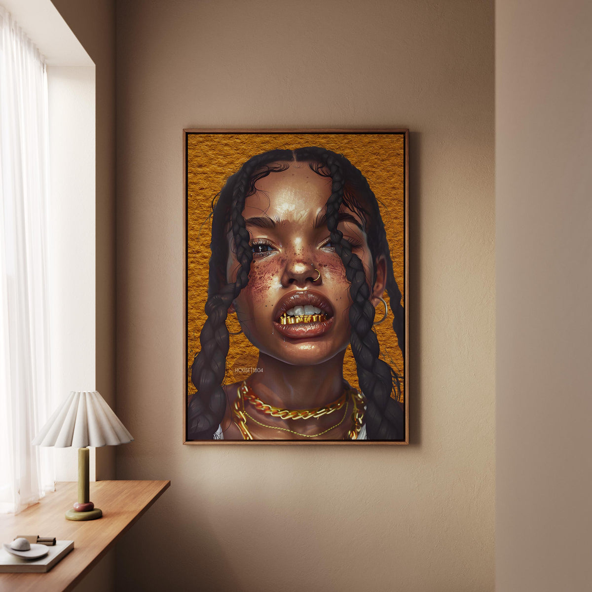 Black Woman Wall Canvas Art, Urban Afro Latina Canvas, Gold Grillz Print