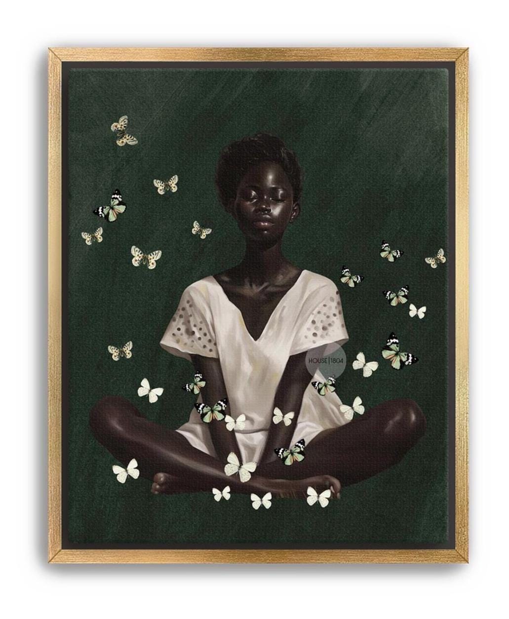 Black Woman Wall Art – Deep Green Serene Art Print With White Butterfly Portrait