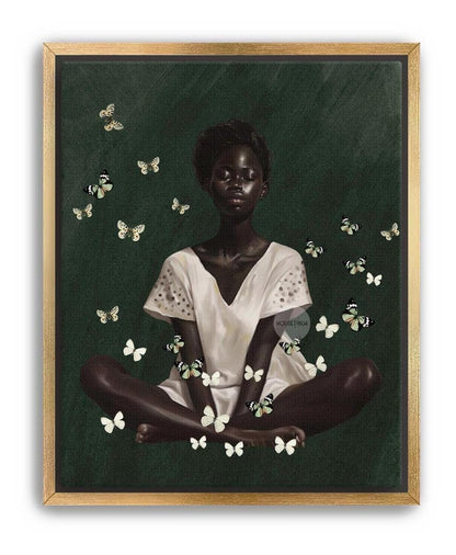 Black Woman Wall Art – Deep Green Serene Art Print With White Butterfly Portrait