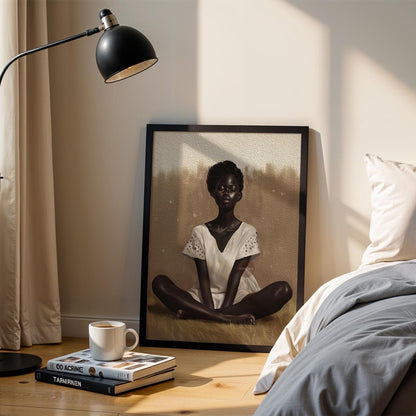 Black Woman Relaxing Wall Art – Afrocentric Canvas, Melanin Decor, Beige Luxury Print