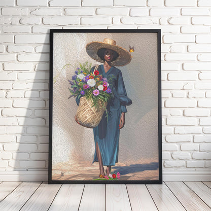 Black Woman Floral Canvas Art, Tropical Botanical Woman Portrait, Plant Lady with Flowers Canvas Art