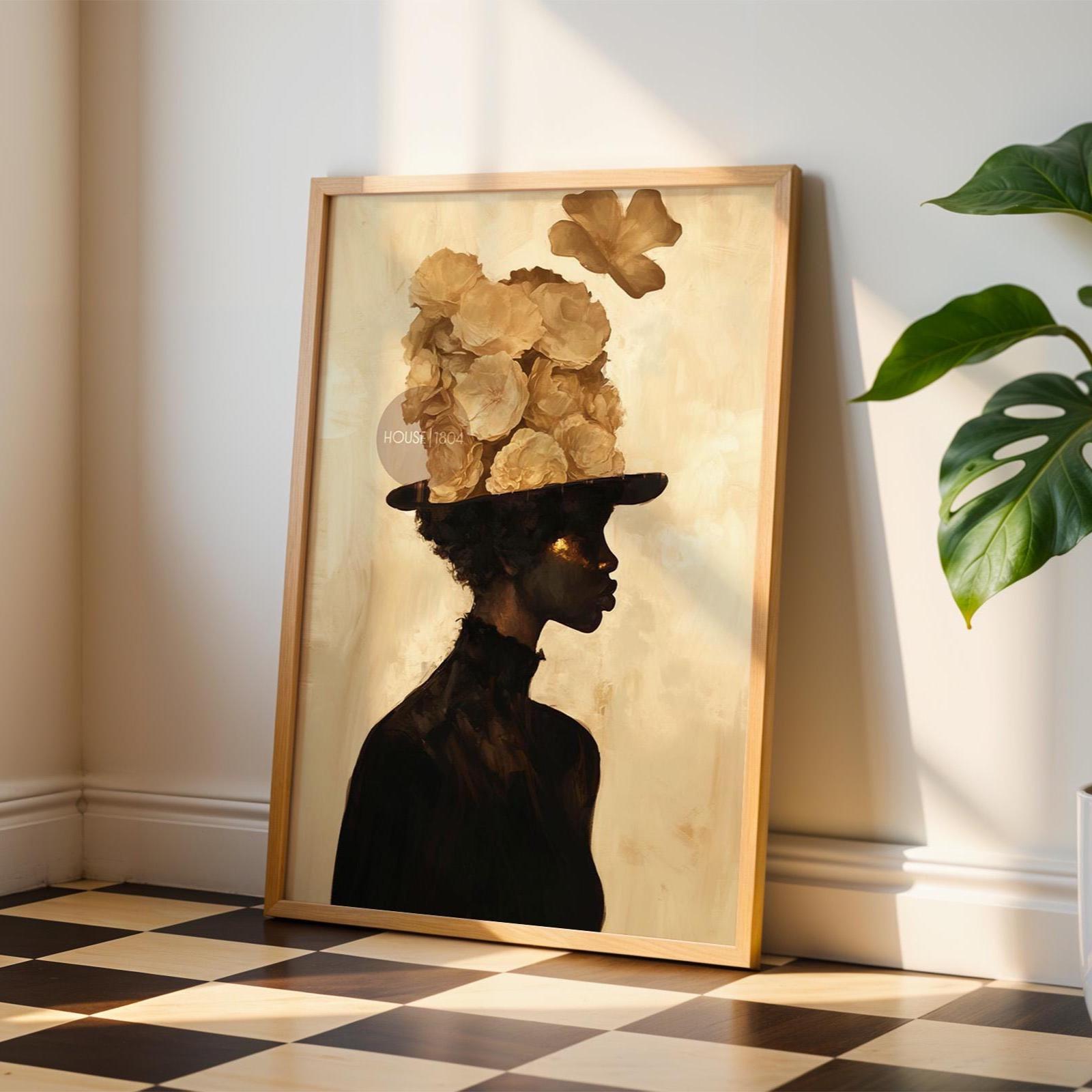 Black Woman Art Print: Gold Accent Abstract, Framed Canvas