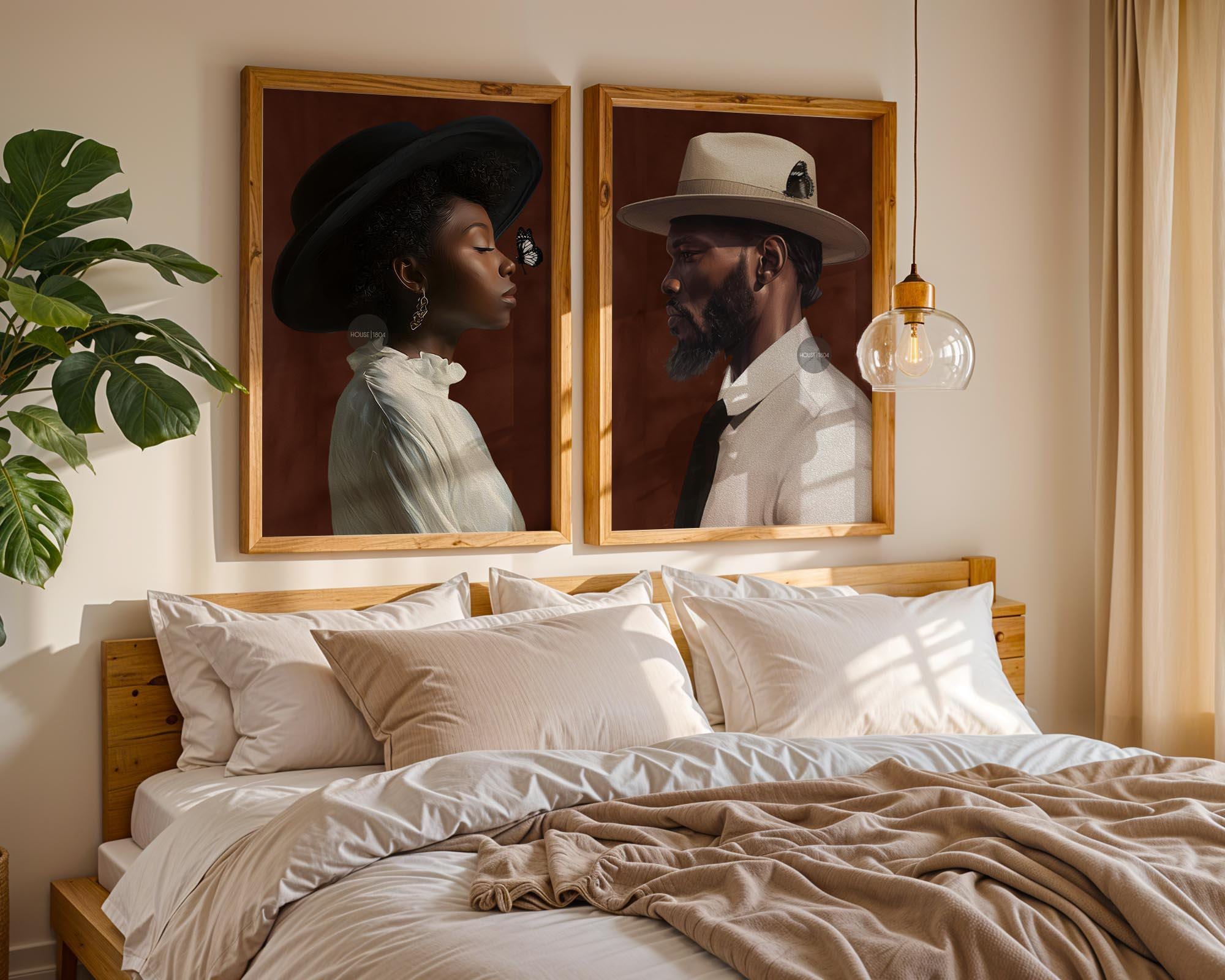 a bedroom with a large bed, two framed portraits of a man and a woman, and a pendant light hanging above the bed.