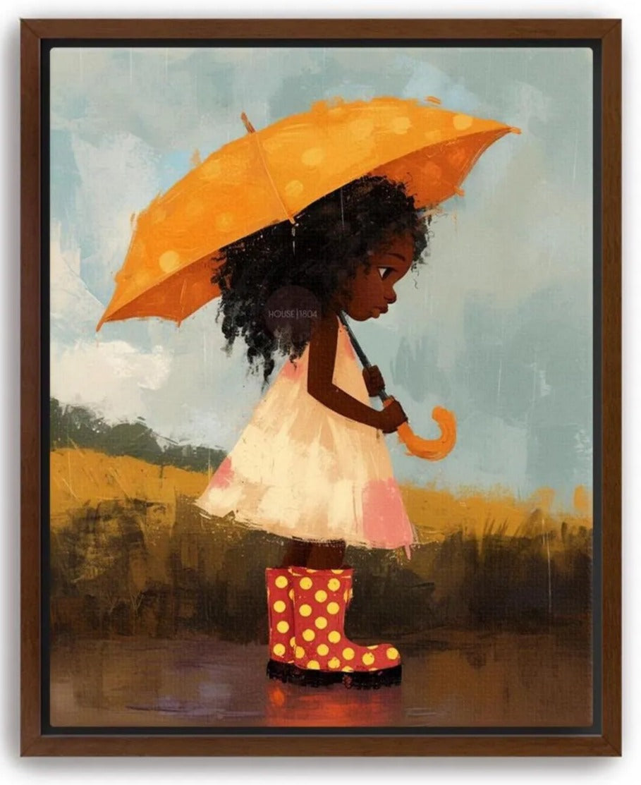 A young girl with curly hair is standing in a puddle, holding an orange umbrella. She is wearing a white dress and red polka dot rain boots.