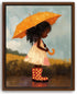 A young girl with curly hair is standing in a puddle, holding an orange umbrella. She is wearing a white dress and red polka dot rain boots.