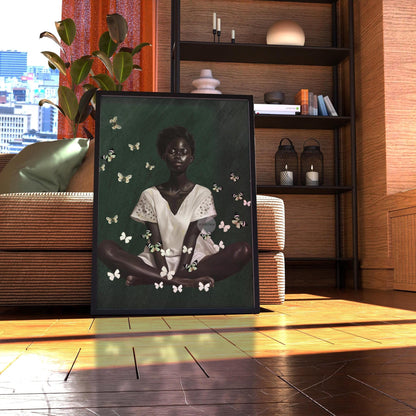 Black Woman Wall Art – Deep Green Serene Art Print With White Butterfly Portrait