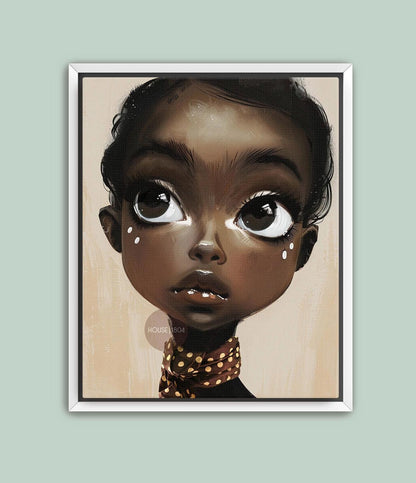Black Girl Wall Art, Surreal Big Eye Portrait Print, Canvas Framed and Framed