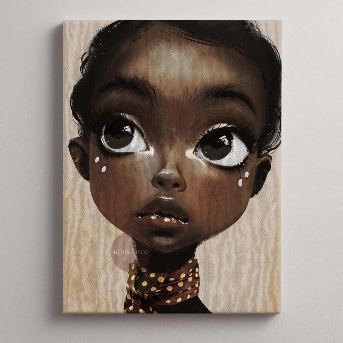 Black Girl Wall Art, Surreal Big Eye Portrait Print, Canvas Framed and Framed