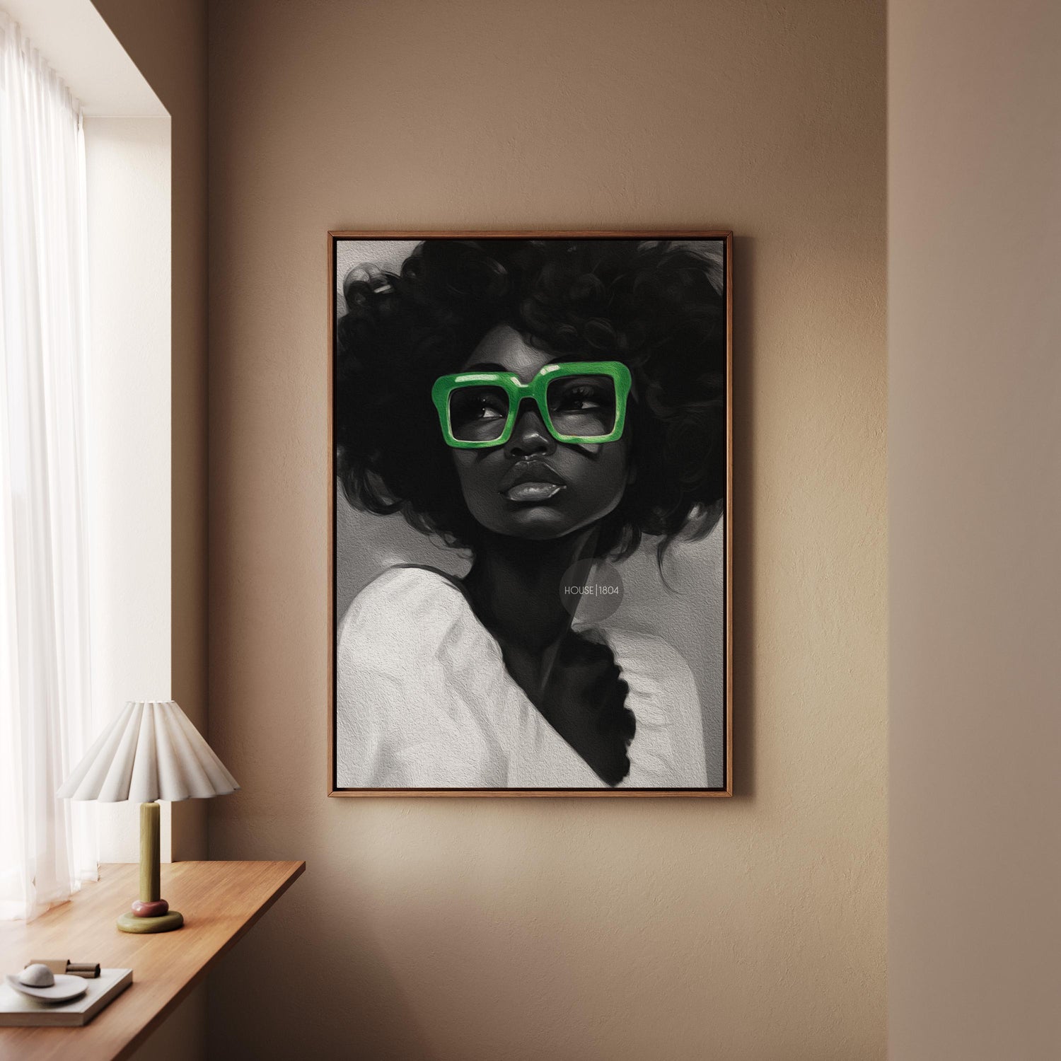 Black Woman Canvas Art - Bold Green Glasses Framed Black and White Portrait Print
