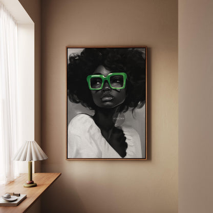 Black Woman Canvas Art - Bold Green Glasses Framed Black and White Portrait Print