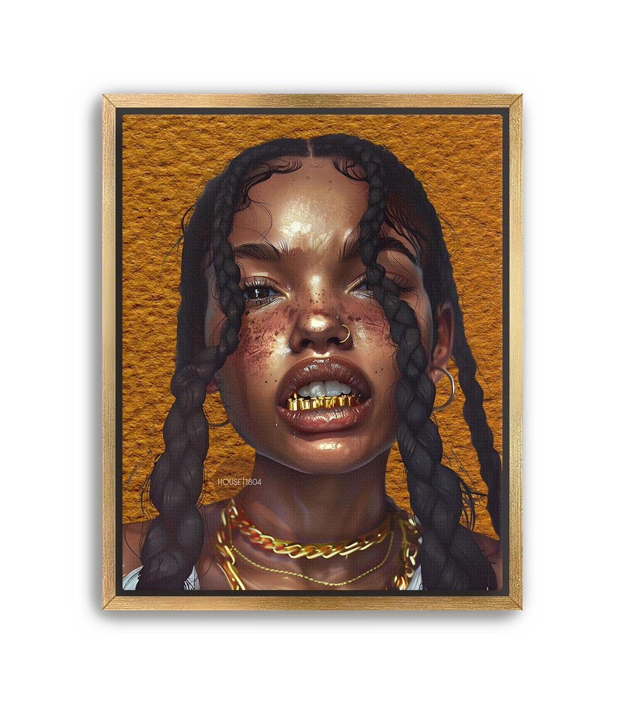 Black Woman Wall Canvas Art, Urban Afro Latina Canvas, Gold Grillz Print