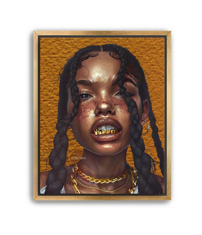 Black Woman Wall Canvas Art, Urban Afro Latina Canvas, Gold Grillz Print