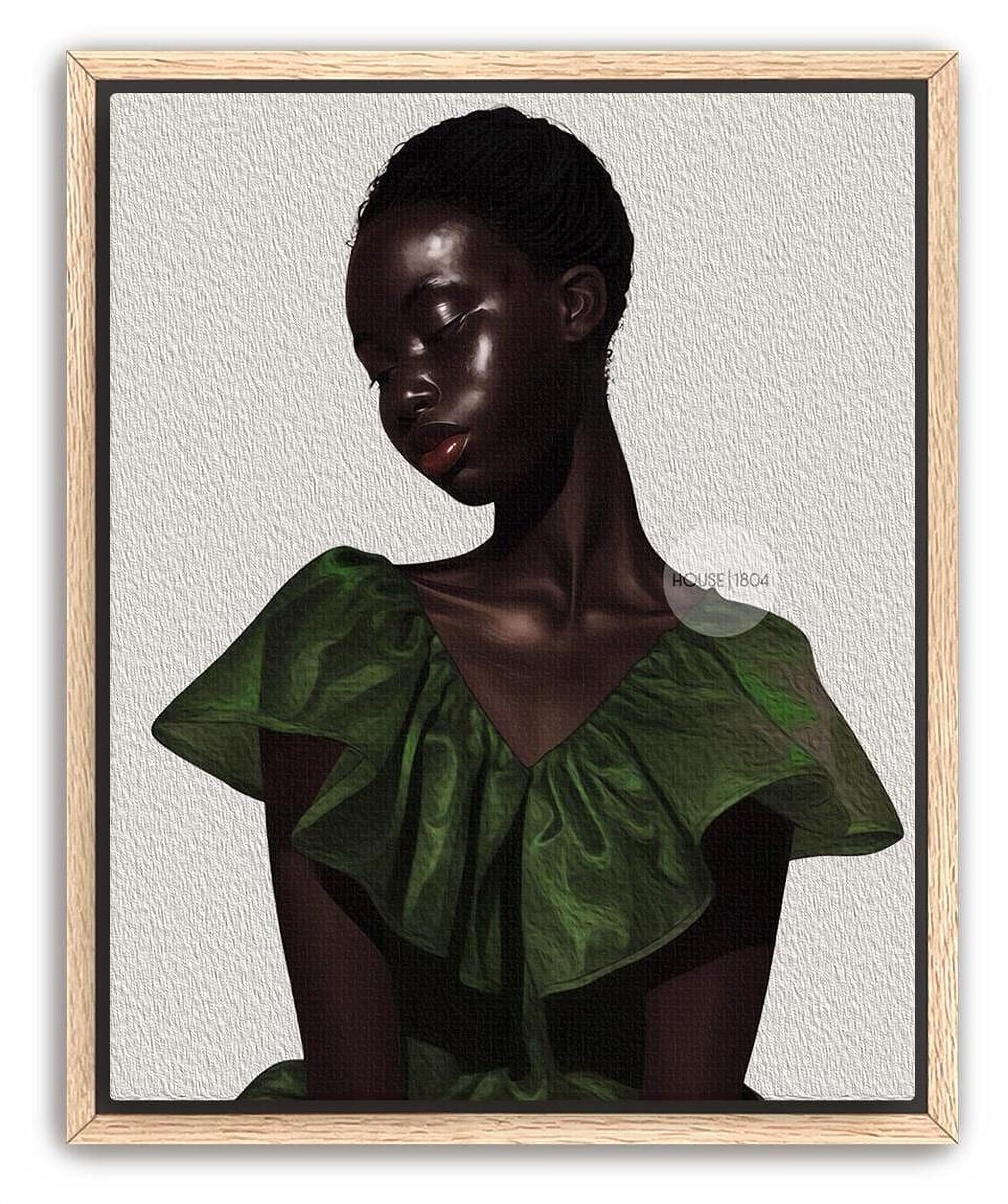a woman with dark skin wearing a green dress.