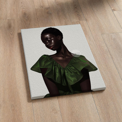 a woman wearing a green dress, with a pensive expression on her face.
