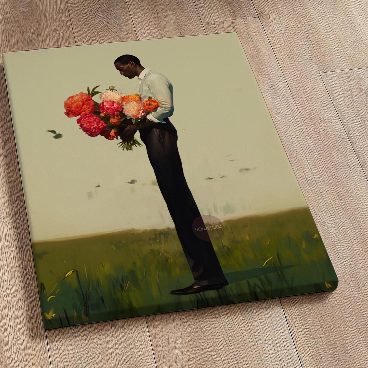 Black Man Flower Canvas Art Print: Floral Portrait Framed