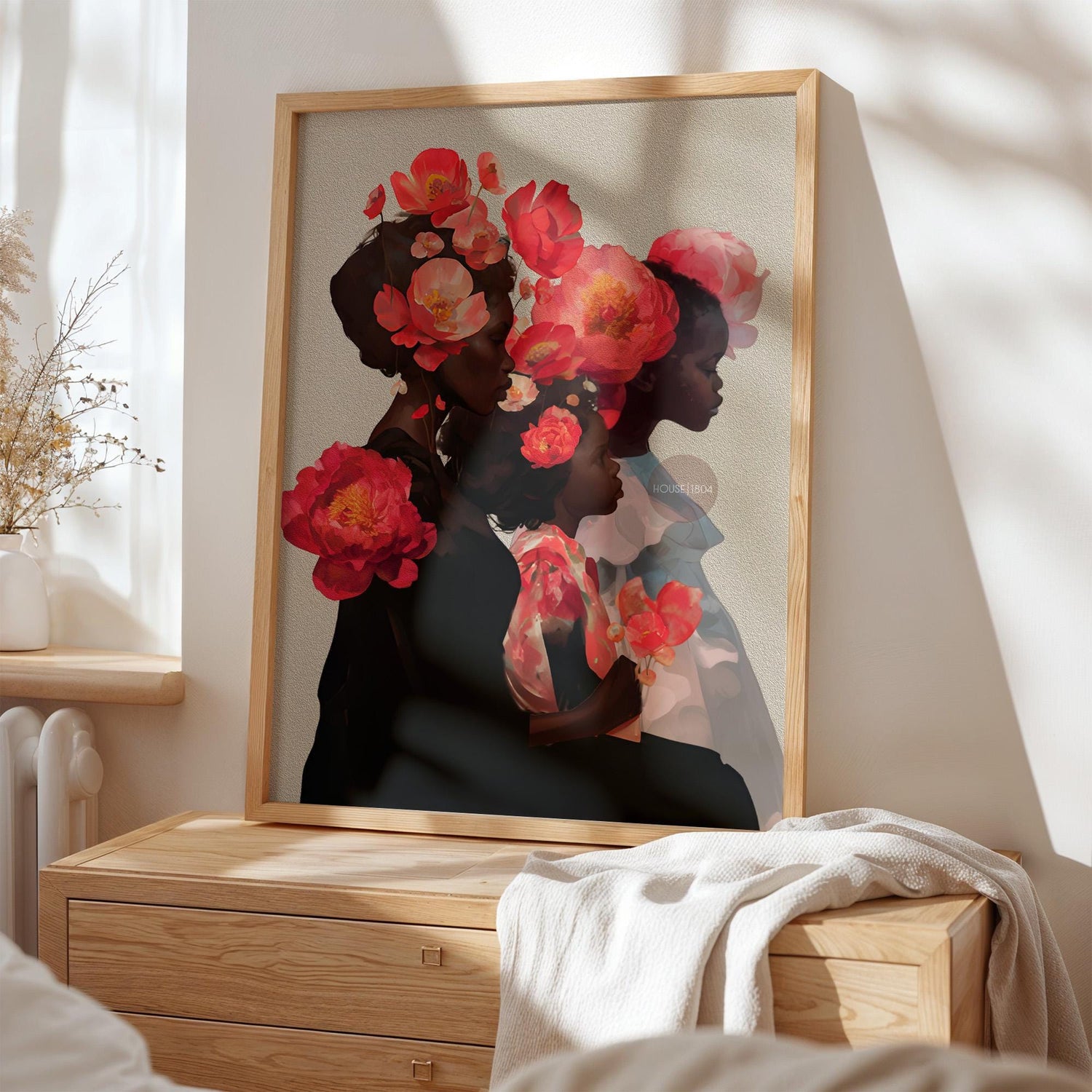 Black Mother and Two Daughters Framed Canvas Wall Art Print: