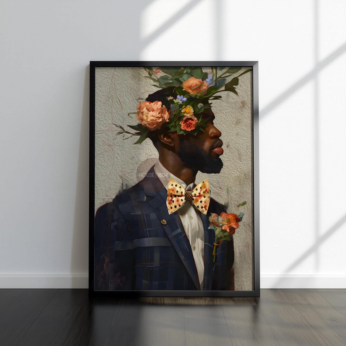 Black Man Suit Wall Art, Flower Beard Art, Vintage Portrait,
