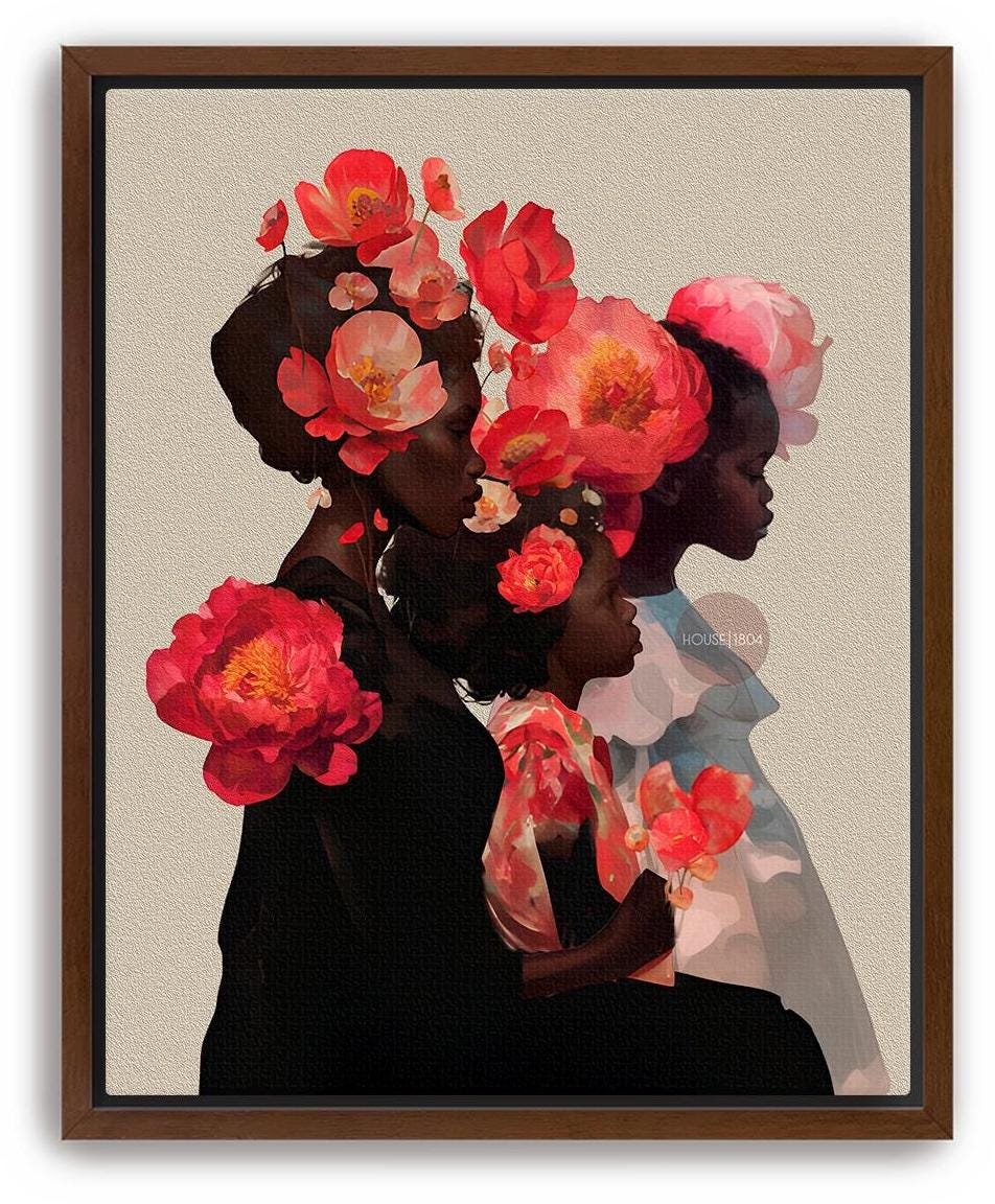 Black Mother and Two Daughters Framed Canvas Wall Art Print: