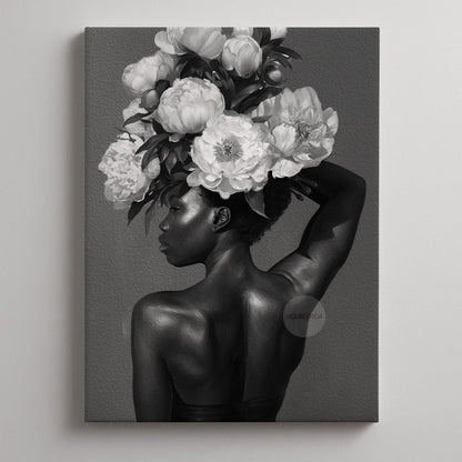 Black and White Black Woman Flower Art Print