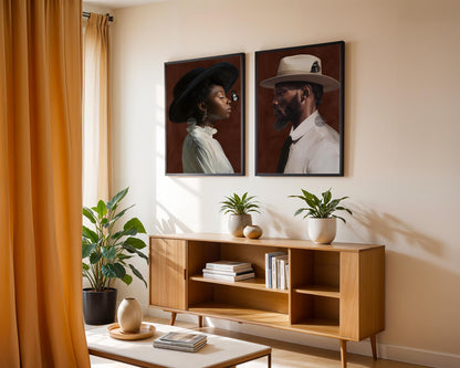 a living room with a wooden cabinet, two framed portraits of a man and a woman, and several potted plants.