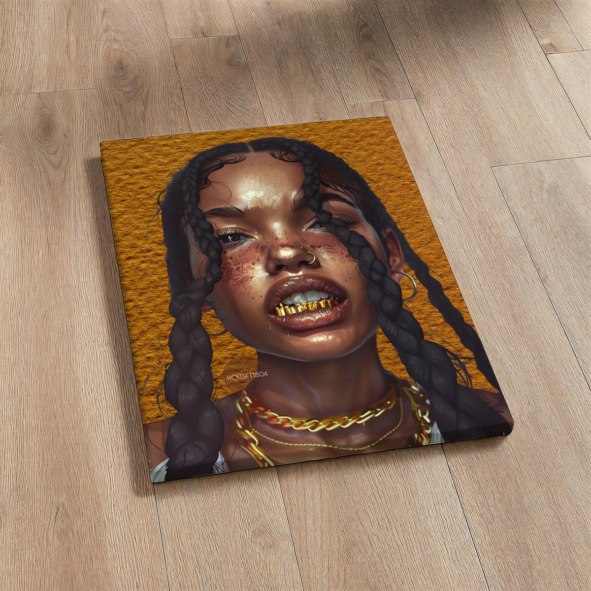 Black Woman Wall Canvas Art, Urban Afro Latina Canvas, Gold Grillz Print