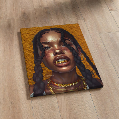 Black Woman Wall Canvas Art, Urban Afro Latina Canvas, Gold Grillz Print