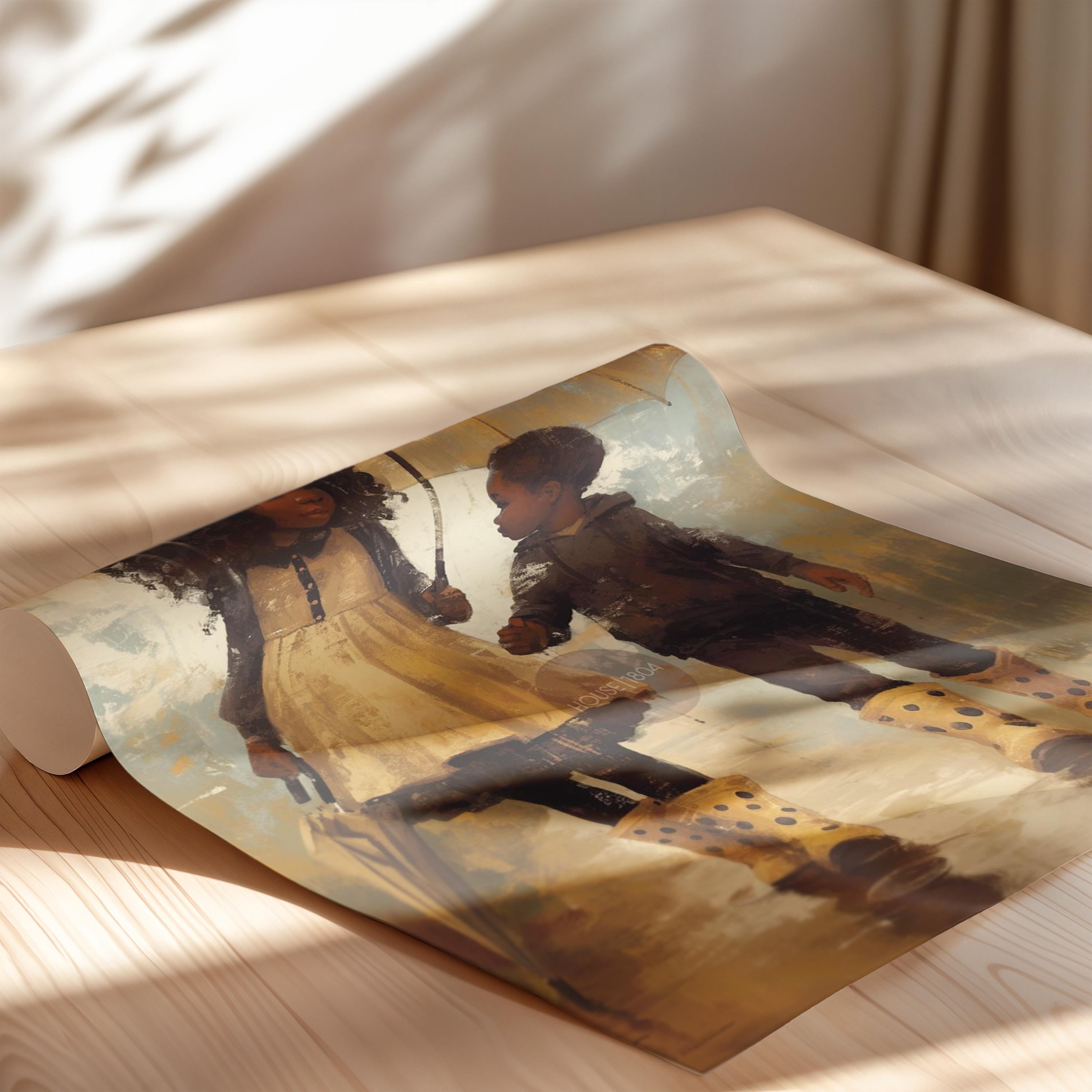 Black Sibling Art Print: Brother and Sister in Rain