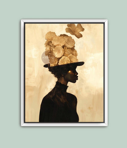 Black Woman Art Print: Gold Accent Abstract, Framed Canvas
