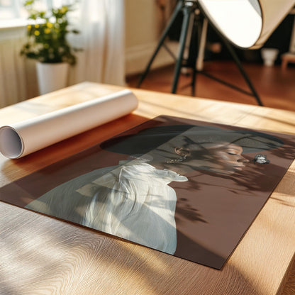 a close-up of a framed artwork depicting a person&