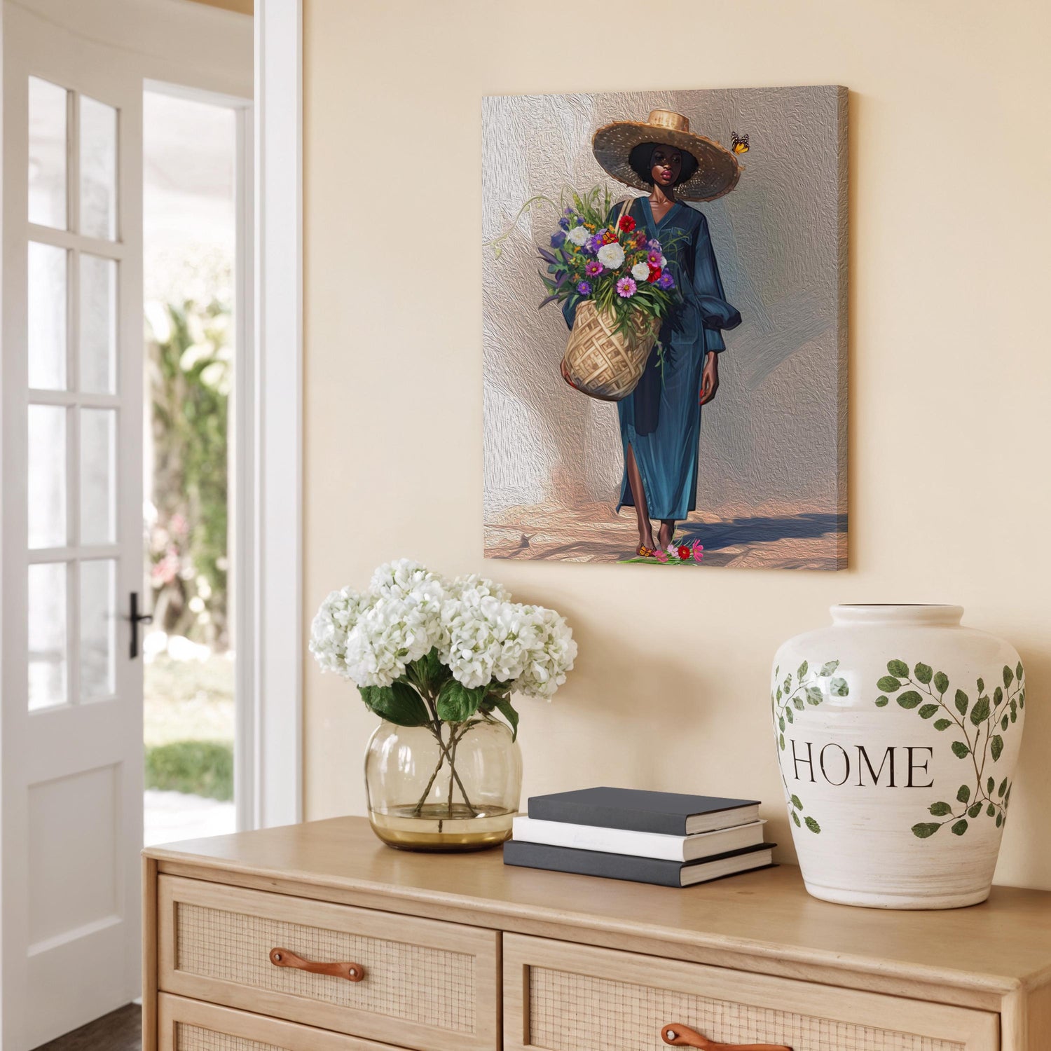 Black Woman Floral Canvas Art, Tropical Botanical Woman Portrait, Plant Lady with Flowers Canvas Art