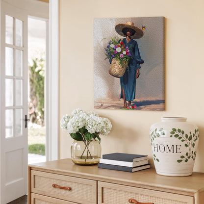 Black Woman Floral Canvas Art, Tropical Botanical Woman Portrait, Plant Lady with Flowers Canvas Art