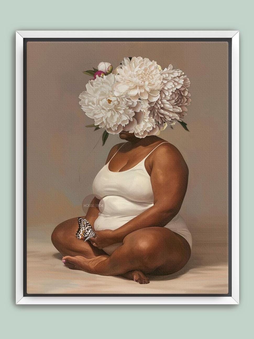 Curvy Black Woman Meditation Canvas: Flower Head Art, Positive Body Art Print
