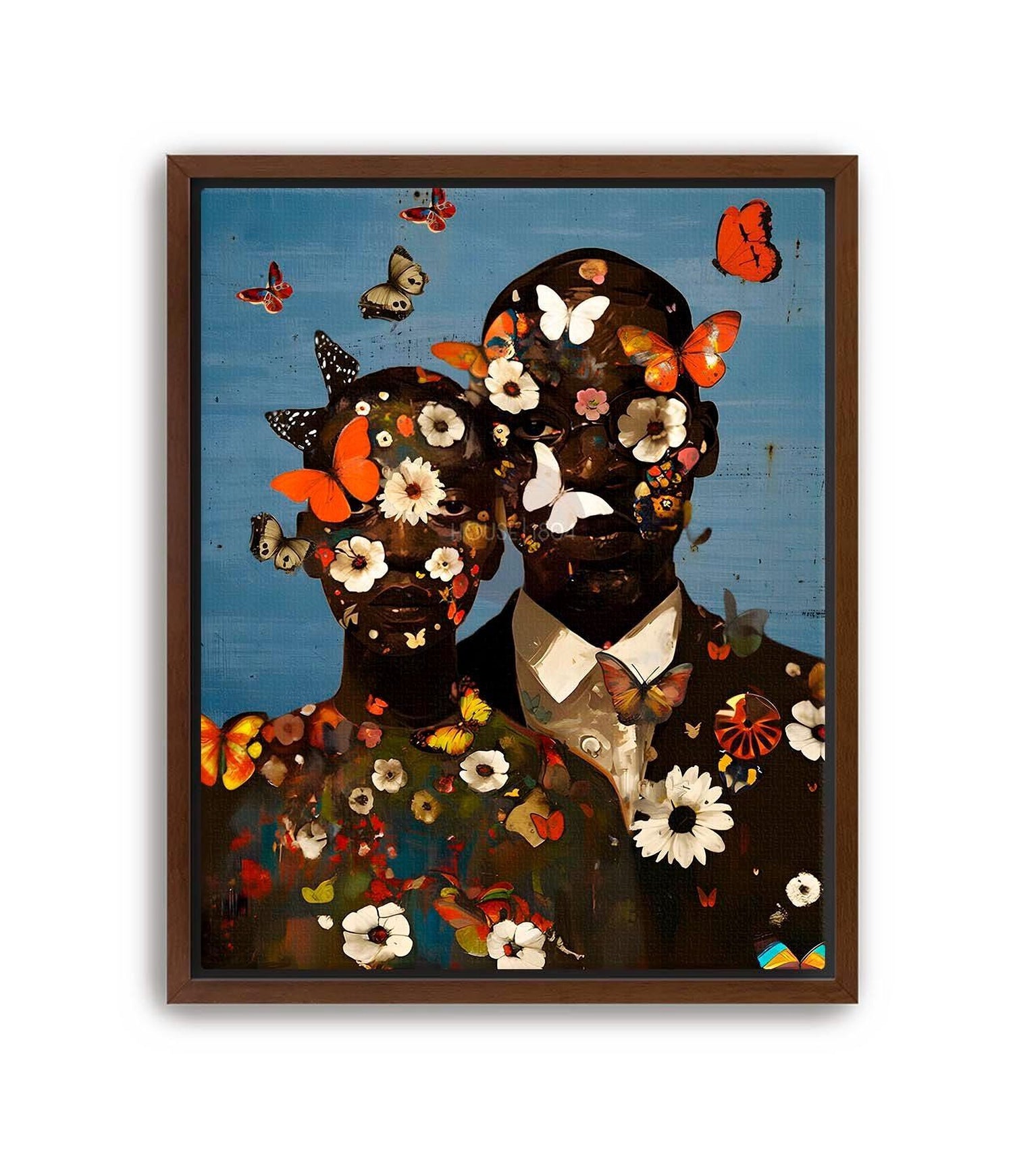 A couple, man and woman, with a faces covered in colorful, bold flowers and butterflies. The background is a digitally textured blue color with butterflies and flowers scattered throughout. Brown framed canvas print.