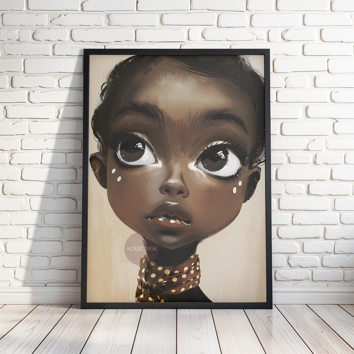 Black Girl Wall Art, Surreal Big Eye Portrait Print, Canvas Framed and Framed