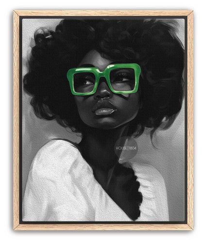 Black Woman Canvas Art - Bold Green Glasses Framed Black and White Portrait Print