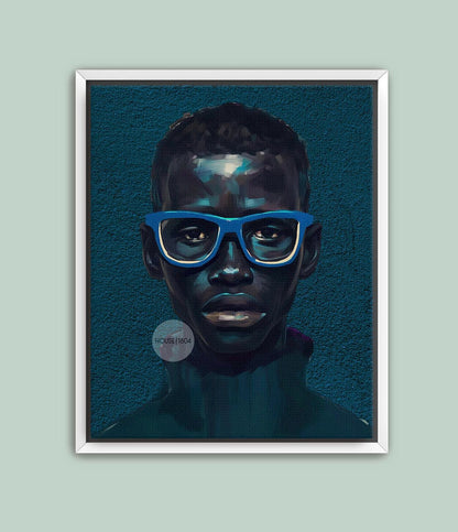 Modern Black Boy Art, Blue Portrait Art Fine Print Canvas | Framed or Unframed