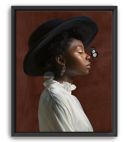 A woman wearing a large black hat and a white blouse is shown in profile, with a butterfly resting on her face.