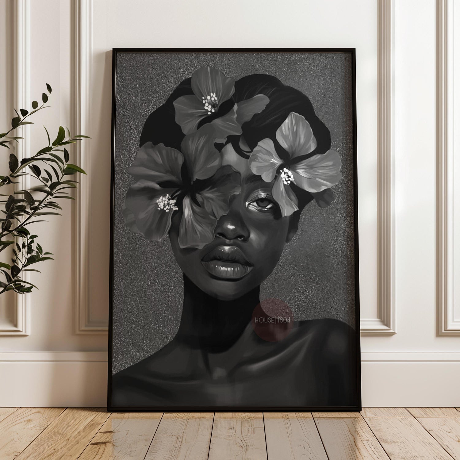 Black Woman Flower Art Print: Monochrome Portrait Wall Art
