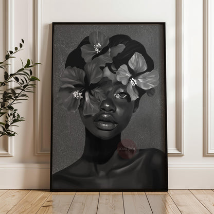 Black Woman Flower Art Print: Monochrome Portrait Wall Art